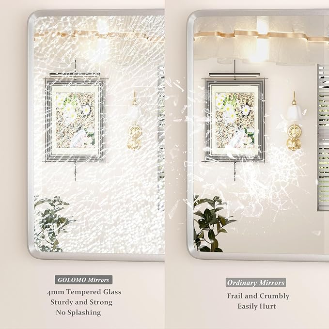 30x36 Inch Silver Bathroom Mirror, Brushed Silver Metal Frame Mirror, Rounded