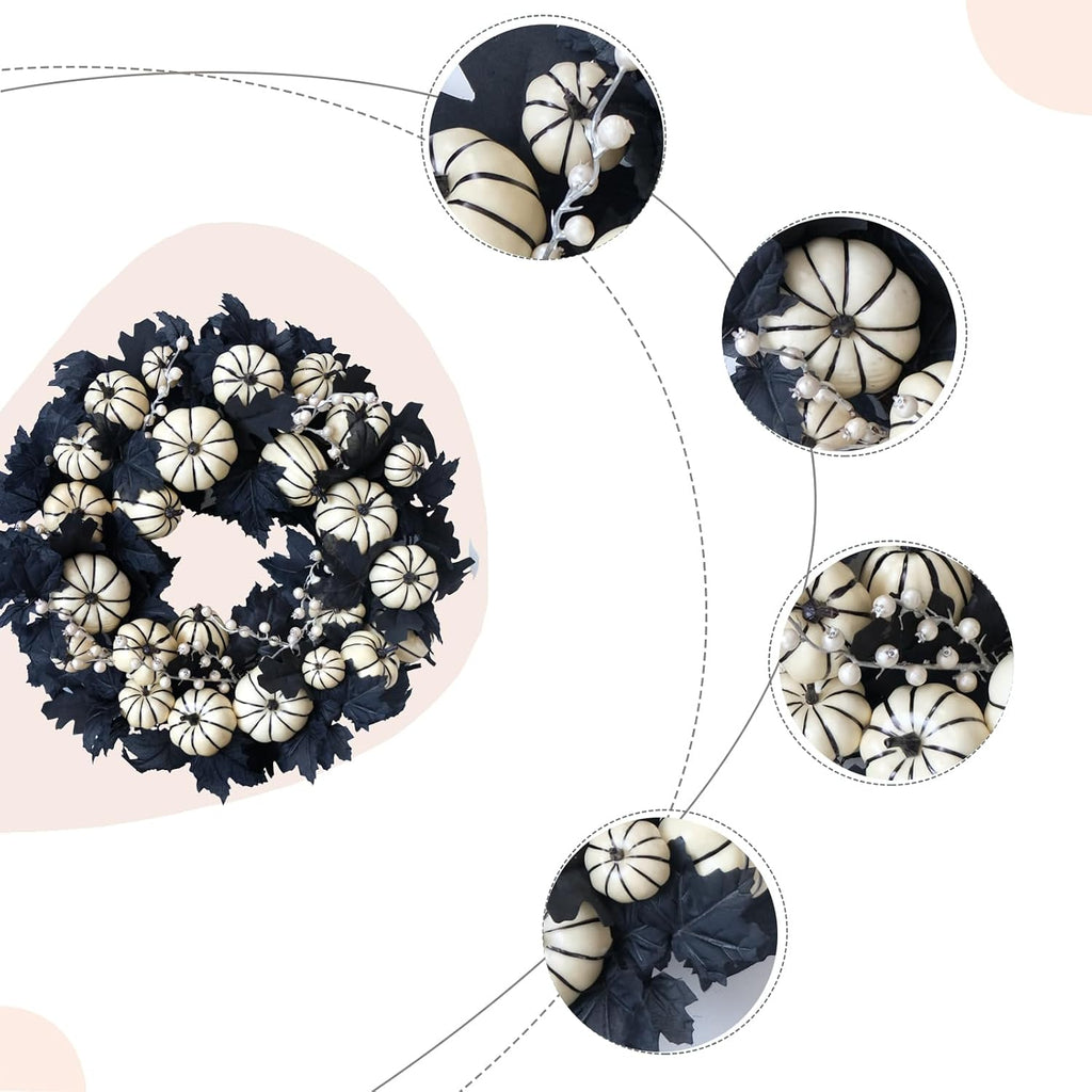 22inch Halloween Wreath Black Maple Leaf Wreaths White Pumpkin Wreath Holiday Decoration Party Party Celebration Wreaths Front Door Back Door Hallway Patio Decoration（White）