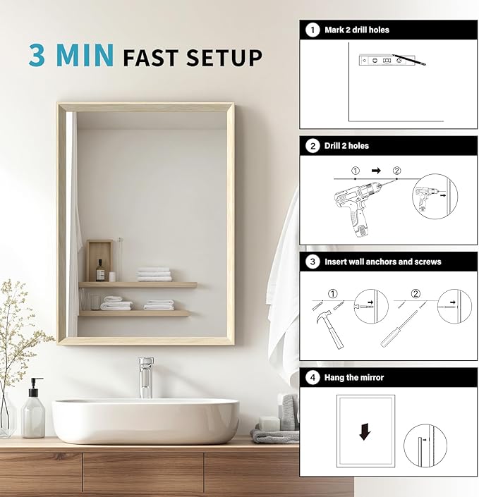 Oak Wood Effect Framed Wall Mirror, 30x36 Rectangle Mirror, 1/8"