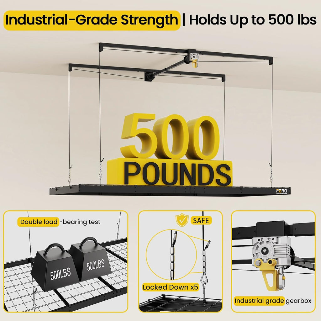 fero overhead garage storage rack 4x8, 500 lb showing dimensions