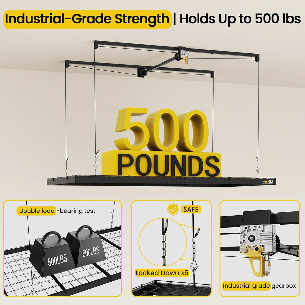 fero overhead garage storage rack 4x8, 500 lb showing dimensions