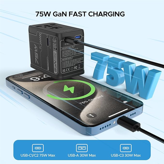 Universal Travel Adapter, 75W GaN International Power Adapter