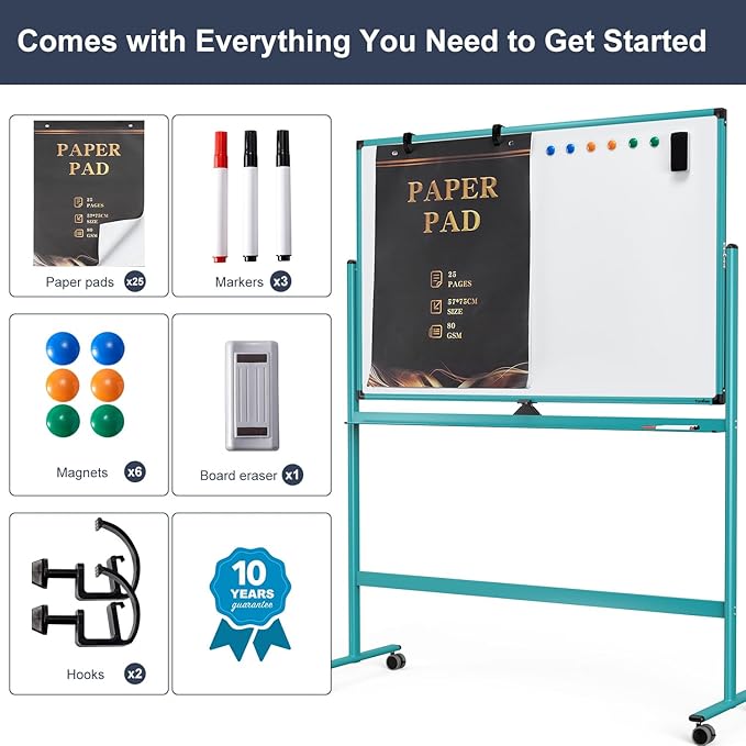 Mobile Whiteboard on Wheels, 48x32 Inches Rolling Whiteboard, Magnetic Dry