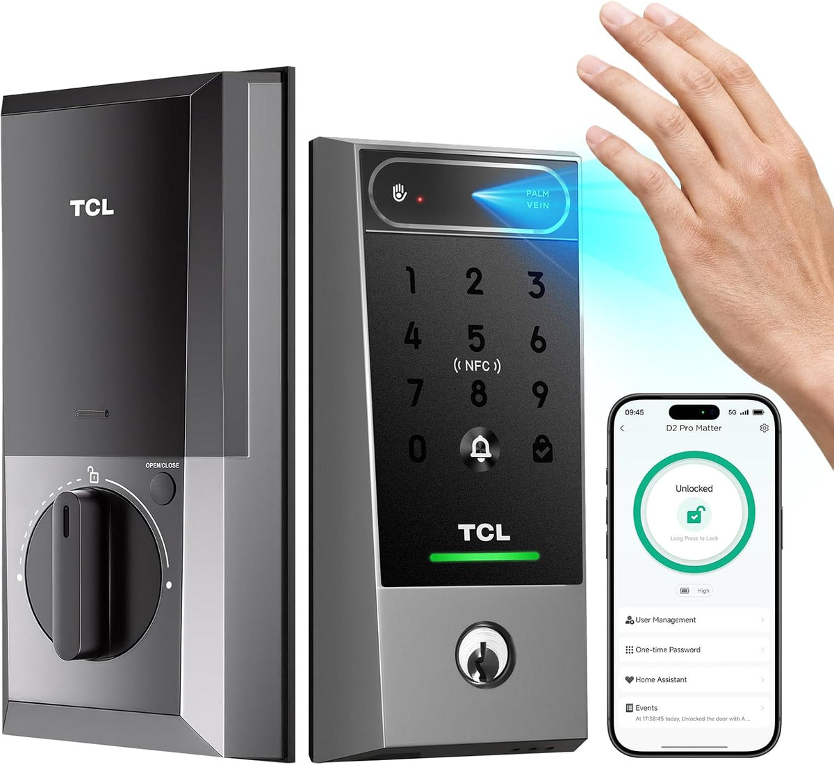 TCL Smart Lock, Palm Vein Keyless Entry Deadbolt with Matter Over Thread