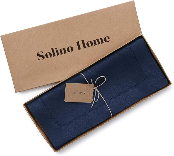 Solino Home Linen Navy Blue Table Runner 48 Inches - Classic Hemstitch, 100% Pure Linen Coffee Table Runner 14 x 48 Inch Ideal for Dresser Tables - Fall, Halloween, Thanksgiving, Christmas, Holiday