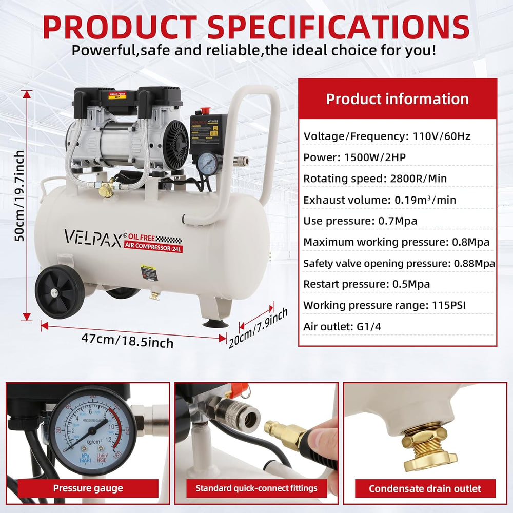 Ultra Quiet Air Compressor, Only 60dB, 6.4 Gallon Tank, Oil-Free, 110V/60Hz 2...