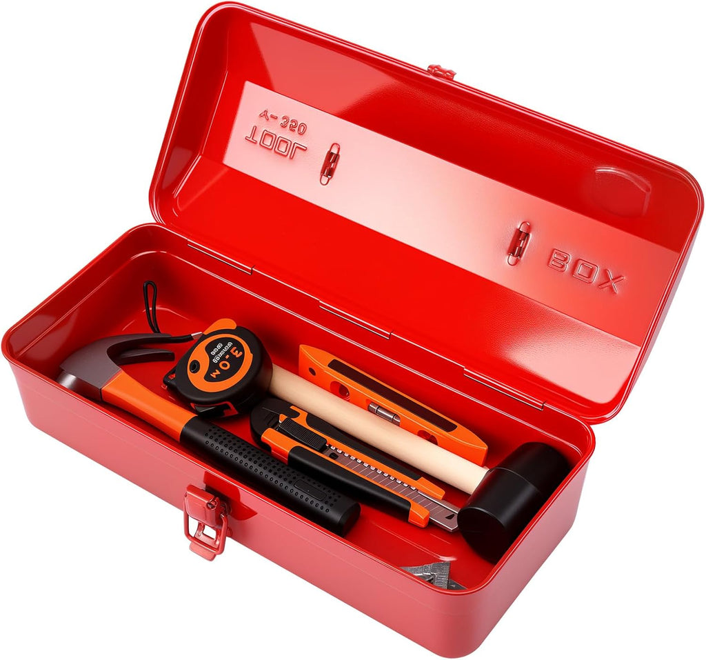 Large Metal Tool Storage Box with Handle for Workshop,15 inches Portable Tool Case with Lid，Locking Organiser Box for Hardware Part(red)