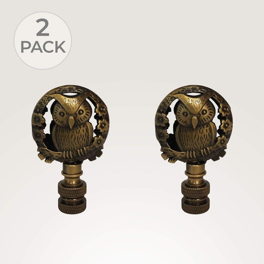 Royal Designs Decorative Botanical Owl Lamp Finial for Lamp Shade, Antique Brass - Pack of 2