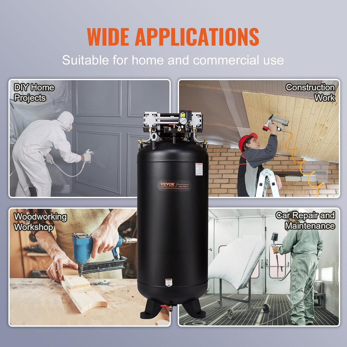 VEVOR 80 Gallon Air Compressor, 145PSI Oil Free Stationary Compressor Tank, 6.5HP 15.5SCFM@90 PSI, Quiet Compressor for Industrial Manufacturing, Workshops (220V/60Hz Single-Phase Power)