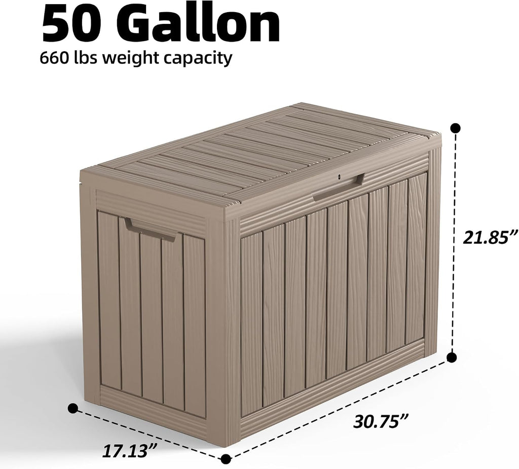 50 gallon outdoor storage box, resin deck boxes shown in use