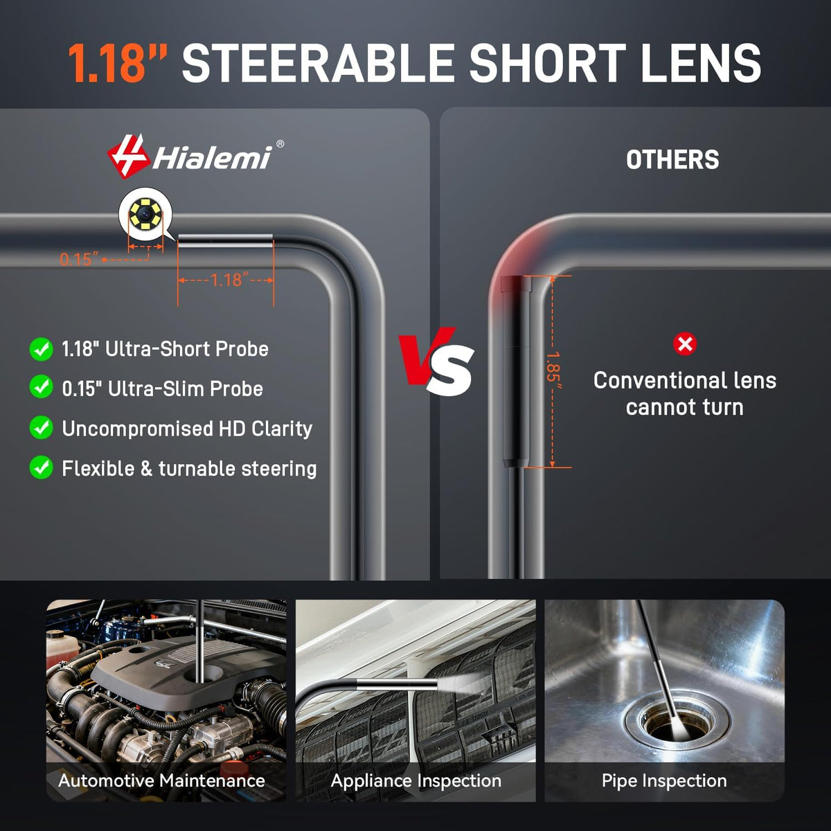 3.9mm borescope camera with light, 5" industrial endoscope, side view