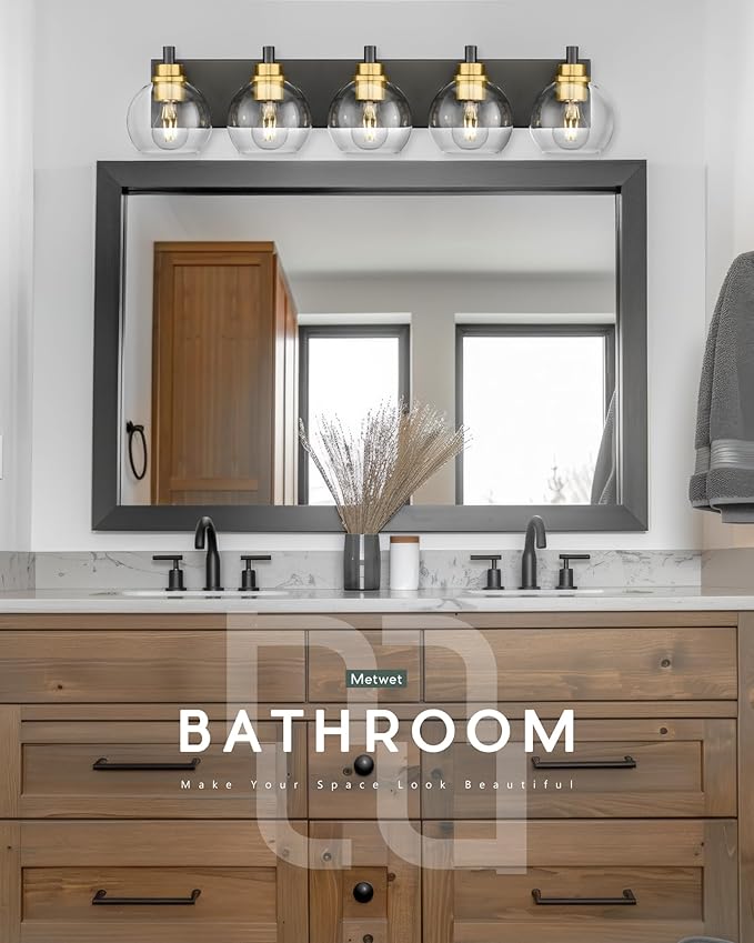 METWET Bathroom Light Fixtures, 5-Light Black and Gold Bathroom Vanity Light