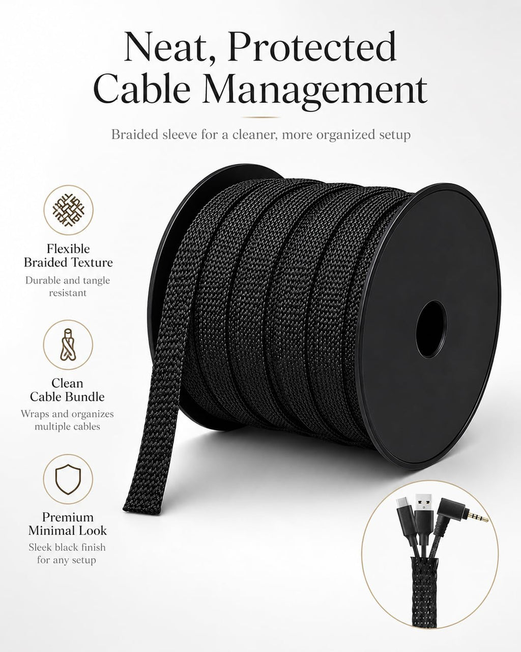 300 feet - 1/4,1/2,3/8 inch braided wire loom, side view