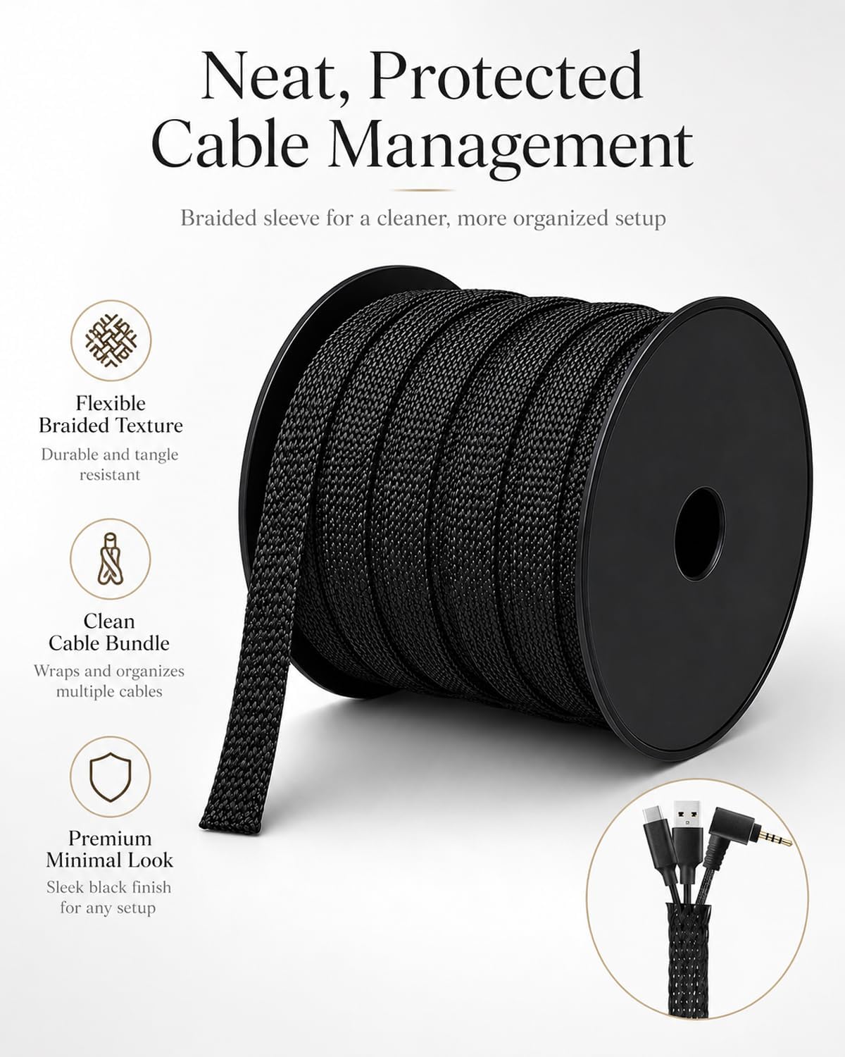 300 feet - 1/4,1/2,3/8 inch braided wire loom, side view