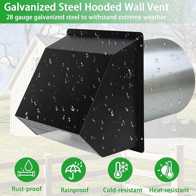 4 Inch Hooded Wall Vent with Screen and Damper, Outdoor Dryer Vent Cover