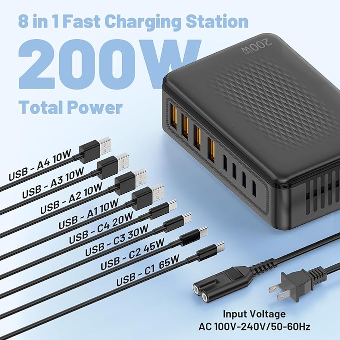 200W USB C Charging Station, 8-Port GaN USB C Charger Block, PD 65W Desktop
