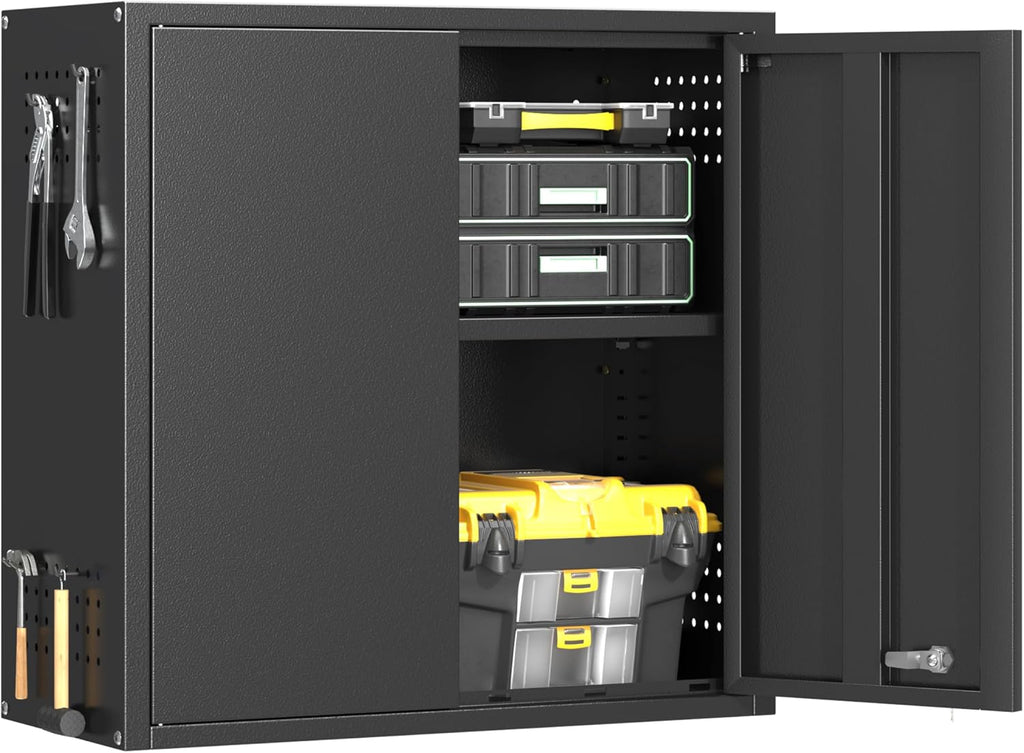 Metal Garage Wall Cabinet with 2 Doors and 1 Adjustable Shelf,Lockable Floating Tool Cabinet with Pegboard,Black Steel Storage Cabinet for Kitchen,Office,Garage,Laundry,Warehouse(Black, 26"H)