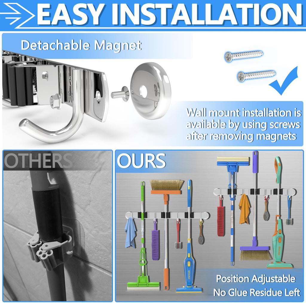 3-H Magnetic Broom Holder, 2 Pack, 3 Racks & 4 Hooks, Silver