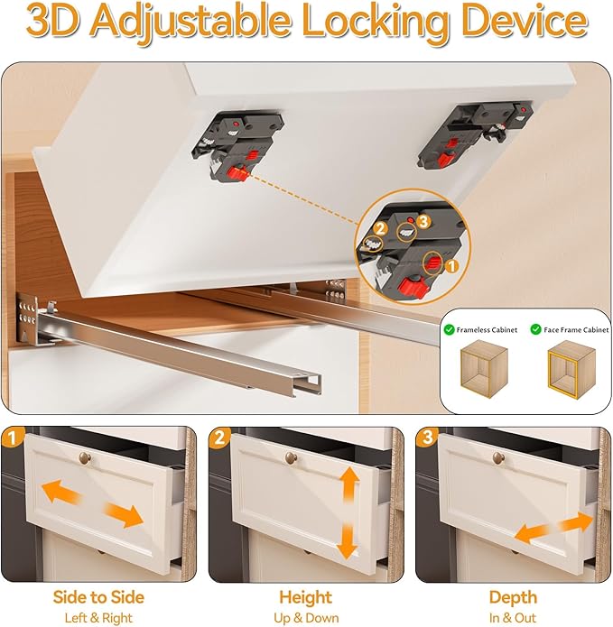 Chibery 12 15 18 21 Inch Undermount Soft Close Drawer Slides, Full Extension 3D