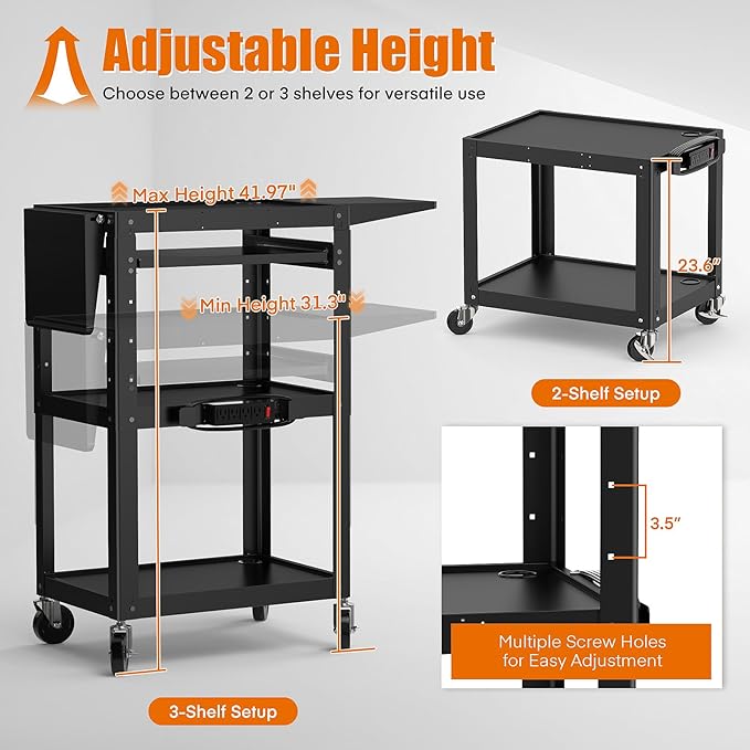 All-Steel Rolling AV Cart with Adjustable Height & Built-in Power – Heavy-Duty