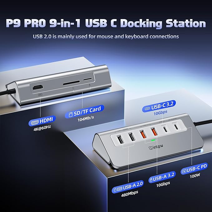 intpw P9 PRO USB C Hub 10Gbps, 9-in-1 USB C Docking Station