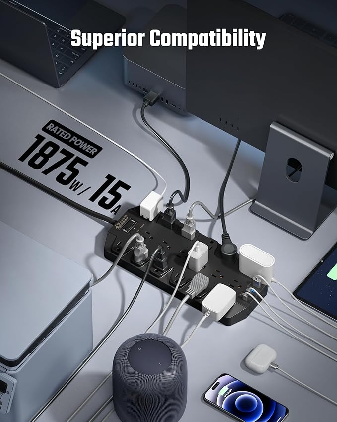 Power Strips with Surge Protection 10 FT, SUPERDANNY 18 AC Outlets and 4 USB