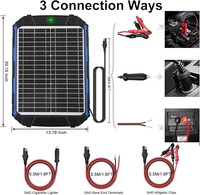 SUNER POWER 20W 12V Solar Battery Trickle Charger & Maintainer PRO, Built-in