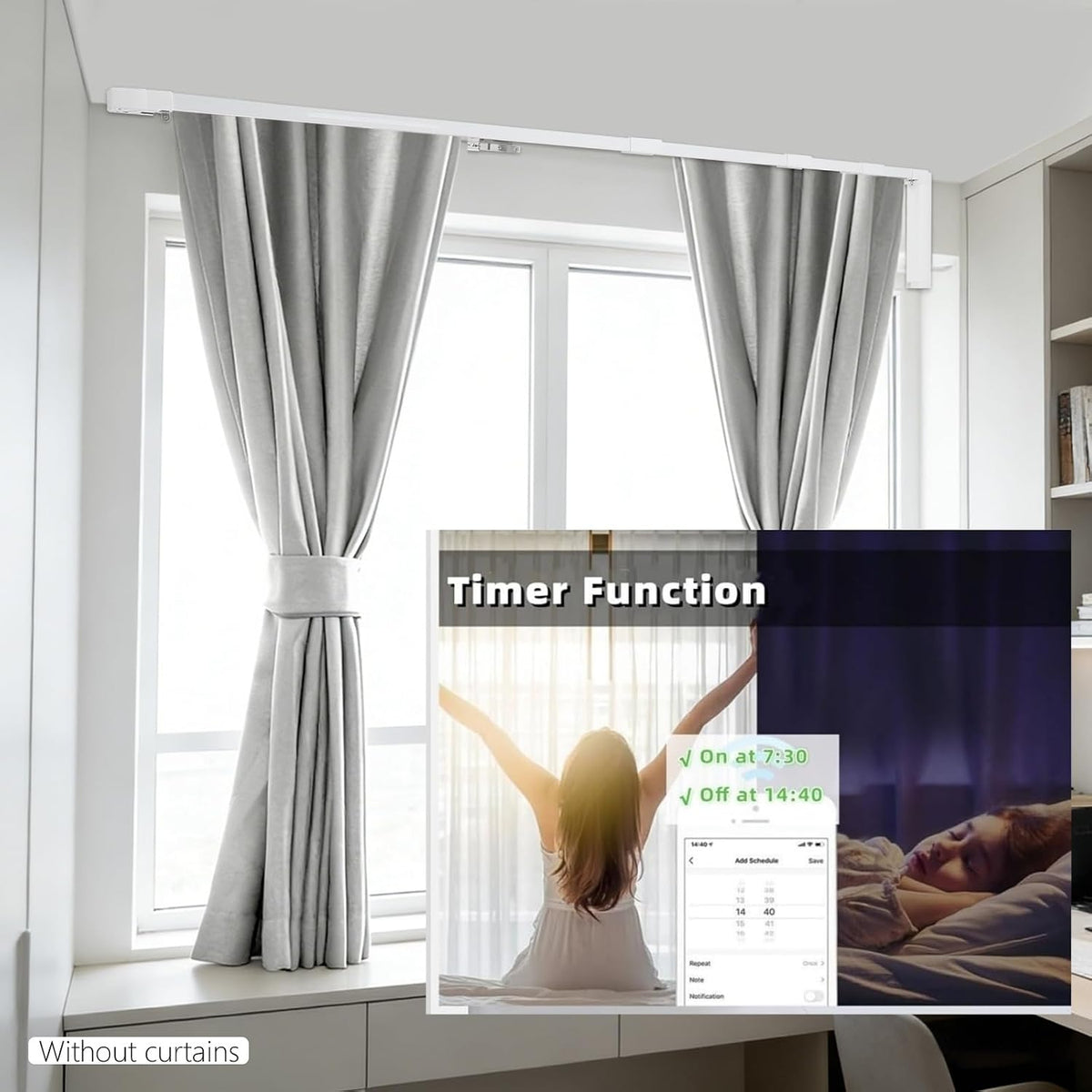 lemoeyes electric curtain track, retractable motorized curtains rod showing dimensions