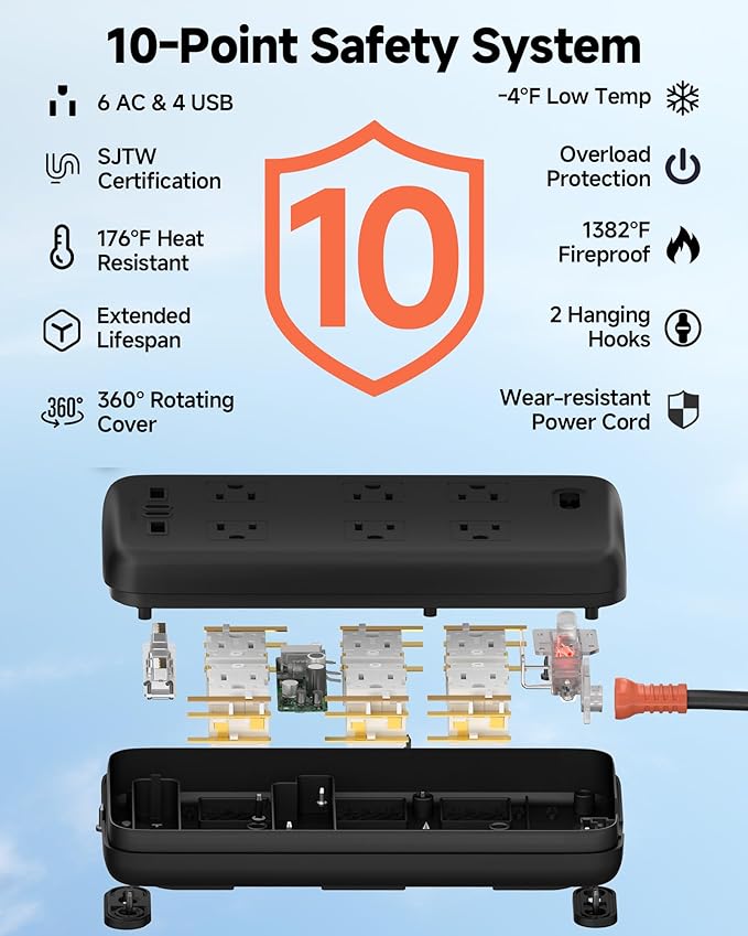 Iwister Outdoor Power Strip Weatherproof IPX6, 6 Ft Extension Cord, 4 USB Ports