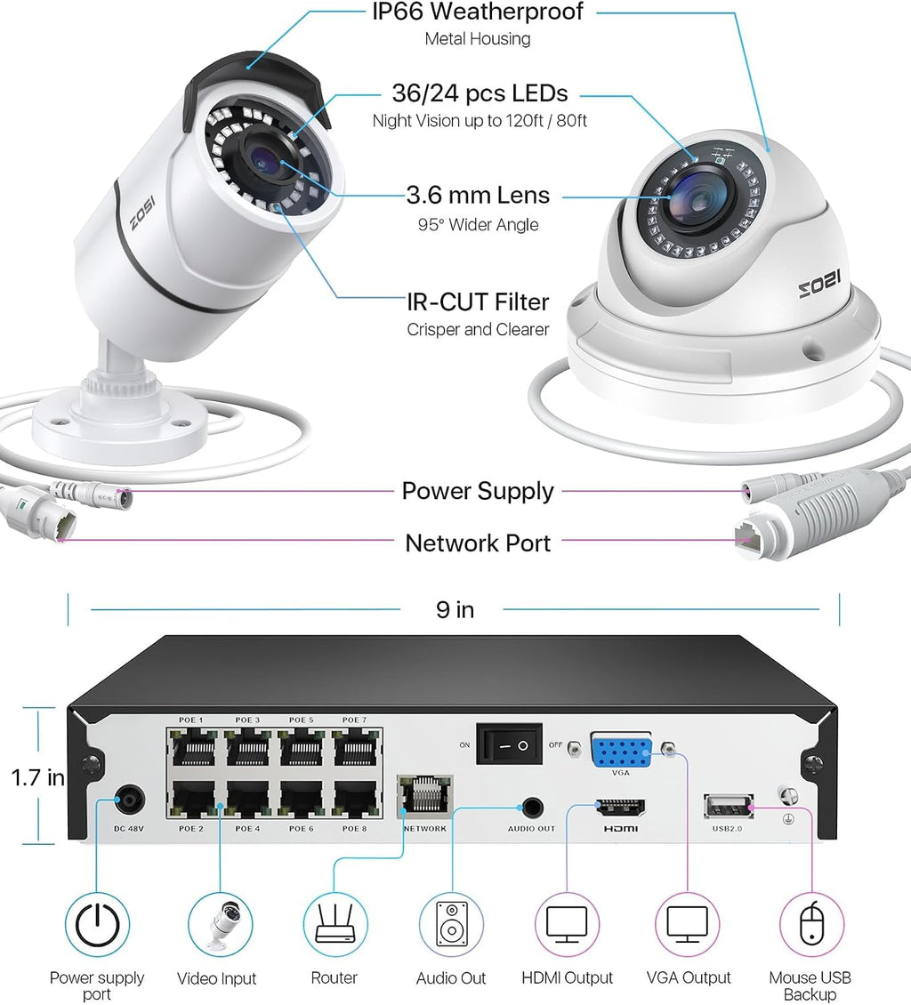 zosi 4k poe security camera system, 8pcs 5mp, view 10