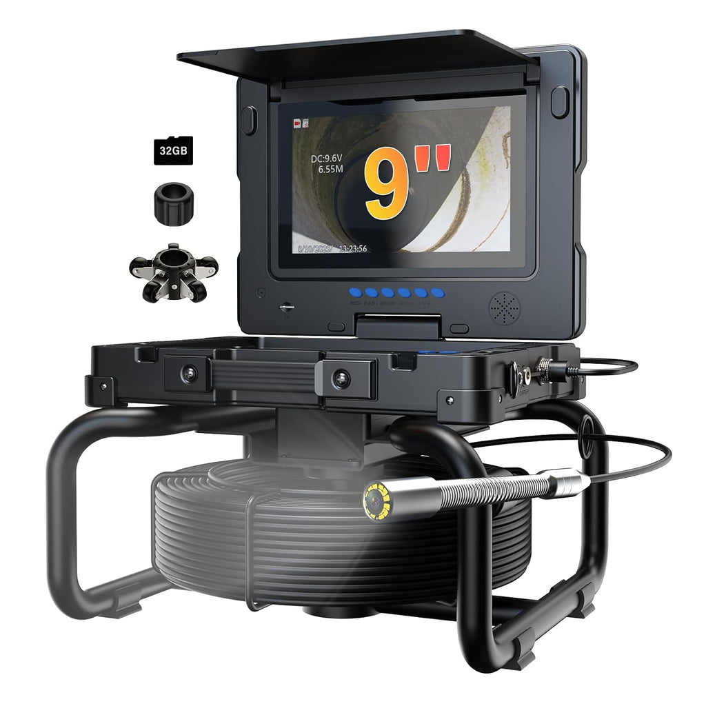Sewer Camera with Self-Leveling DVR, 100ft Snake, 9" HD Screen