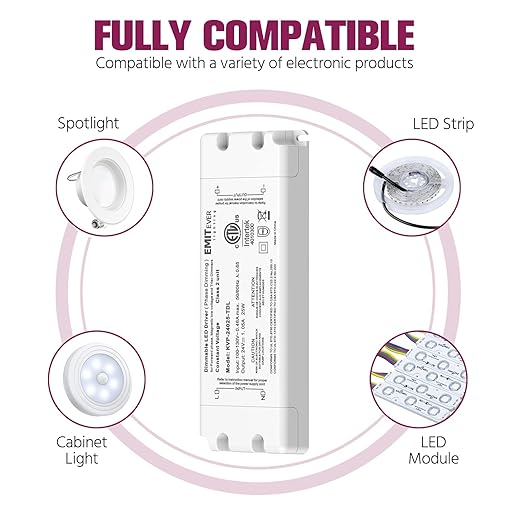 EMITEVER 25W Triac Dimmable Driver, Power Supply, AC 120V to DC 24V Transformer