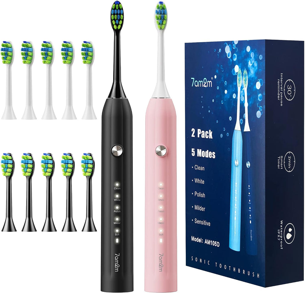 7AM2M Rechargeable Sonic Electric Toothbrush 2 Pack, Soft Toothbrushes