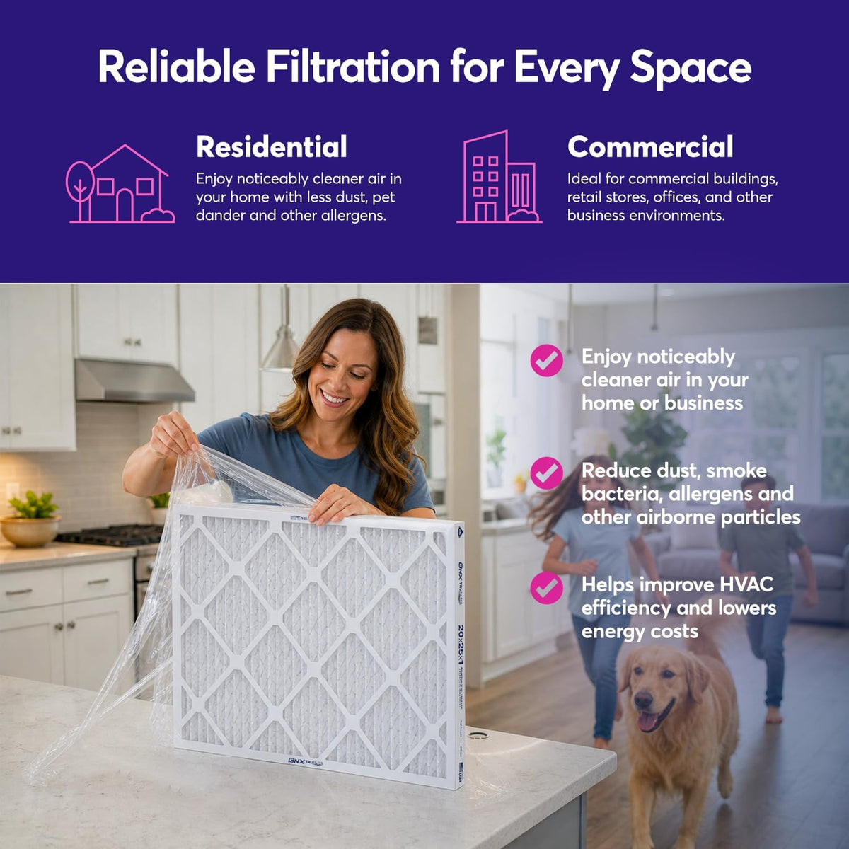 BNX TruFilter 10x24x1 Air Filter MERV 8 (4-Pack) - MADE IN USA – Dust & Pet Defense Electrostatic Pleated Air Conditioner HVAC AC Furnace Filters for Dust, Pet, Mold, Pollen MPR 600 – 700 & FPR 5