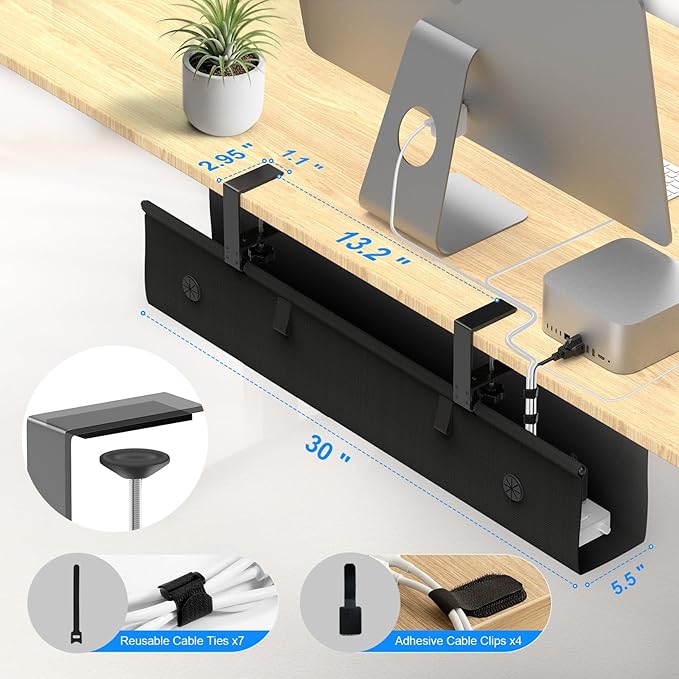 KIGJU Under Desk Cable Management Tray, 30-inch No-Drill Cord Organizer