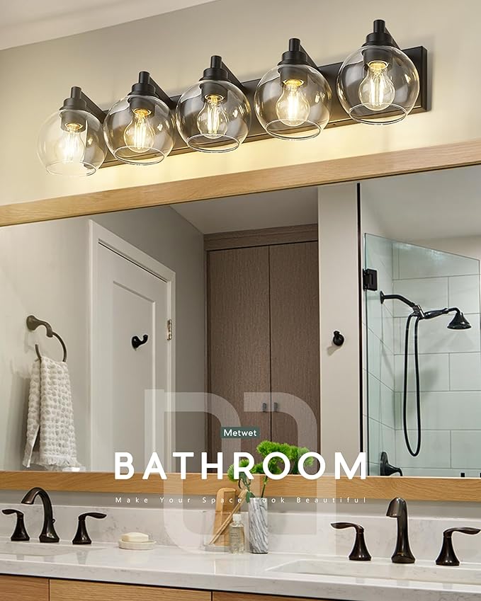 METWET Bathroom Light Fixtures, 5 Light Matte Black Vanity Light, 32 Inch