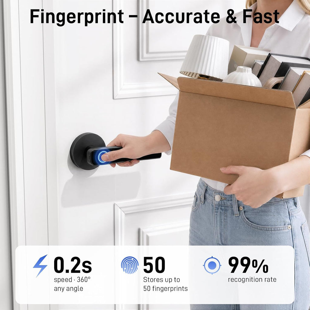 Smart Fingerprint Door Lock with Keypad, Keyless Entry Door Knob with Handle, Biometric Door Lock for Bedroom/Front Door/Apartment, APP Remote Control Black