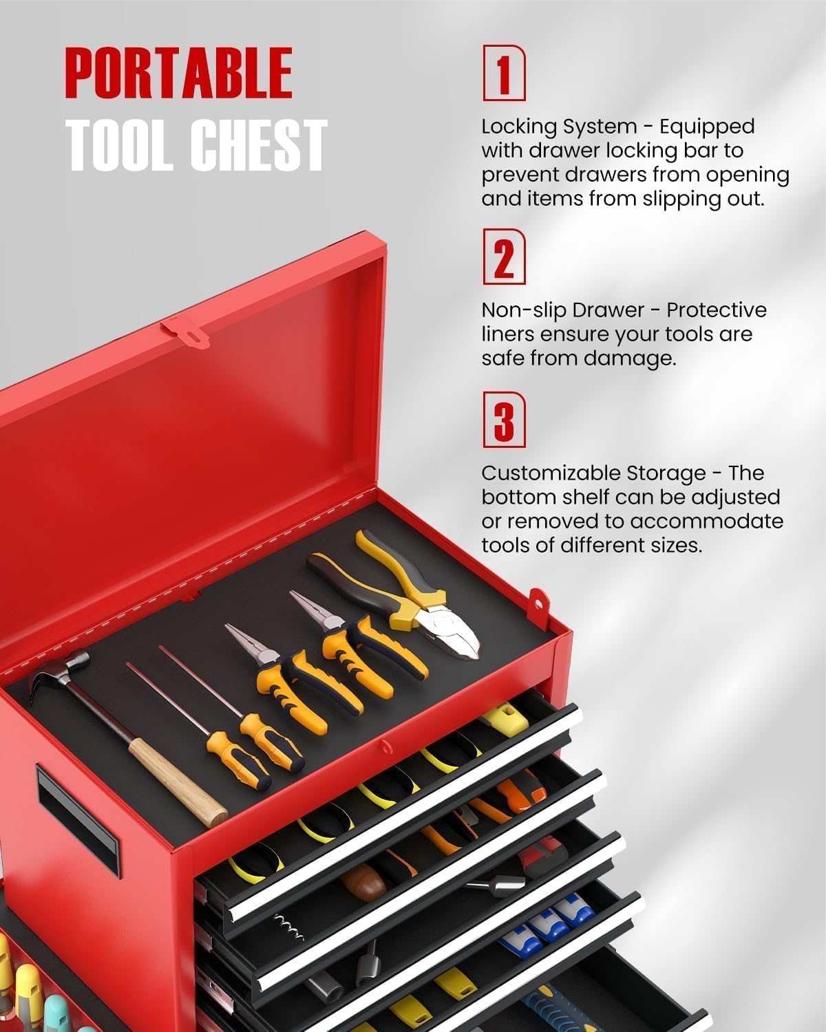 arnot 2-in-1 rolling tool chest with 5 drawers, side view