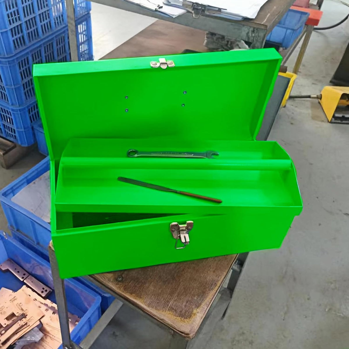 large tool box organizer took box fishing tackle, close-up detail