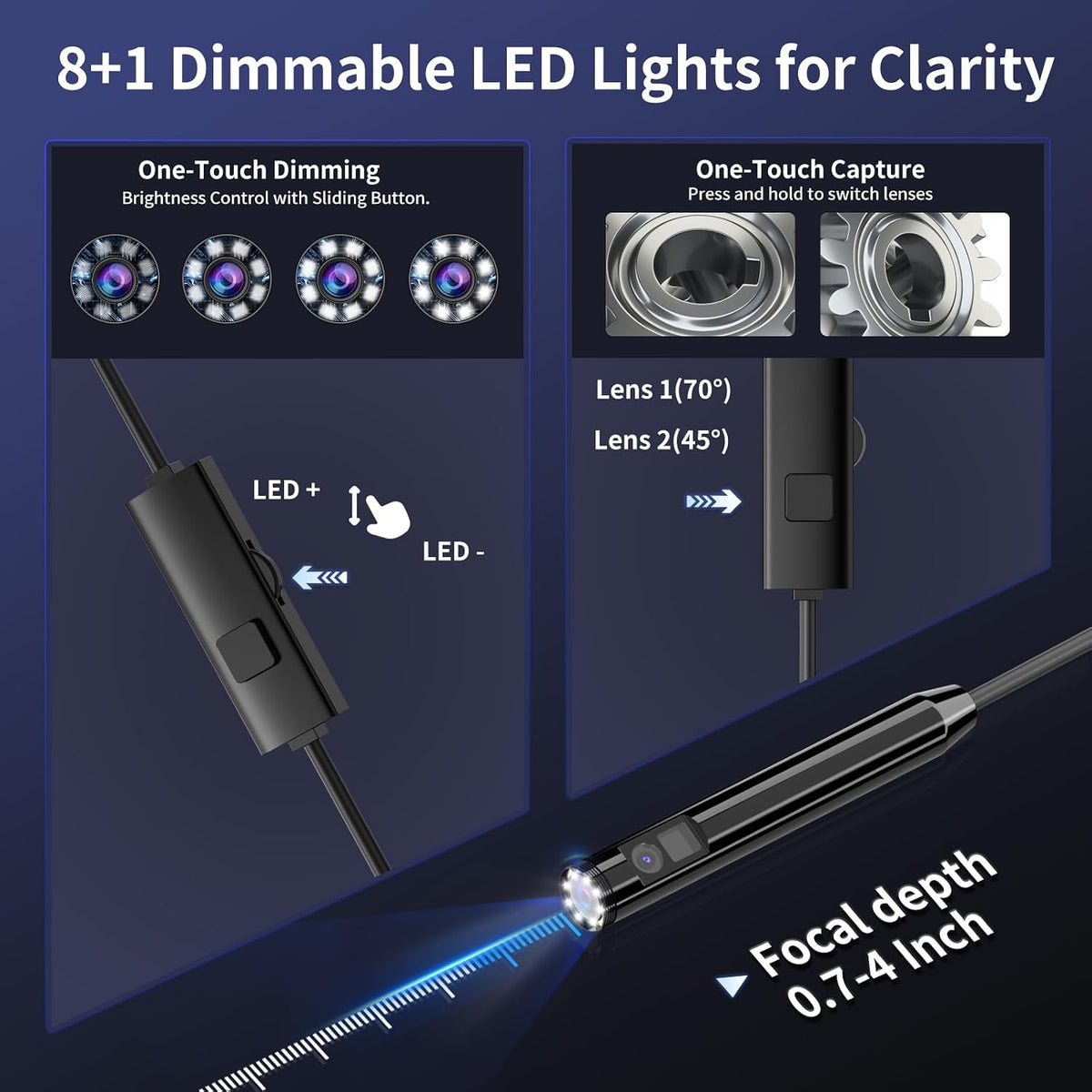 endoscope camera with light, 1920p hd borescope inspection, close-up detail