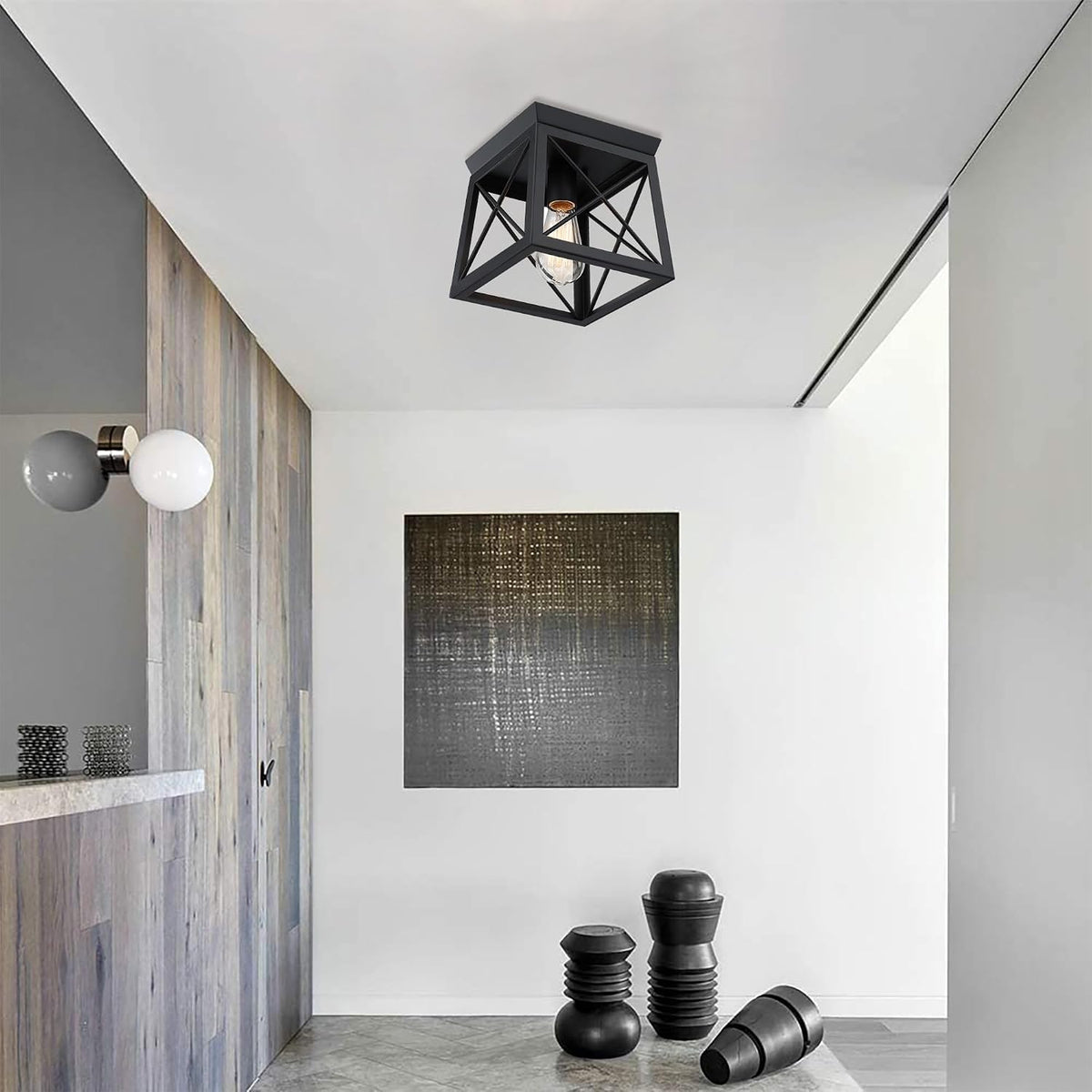 1 Light Black Industrial Flush Mount Ceiling Light Fixture - Square Farmhouse Caged Ceiling Light for Closet Kitchen Hallway Porch, E26, Dimmable