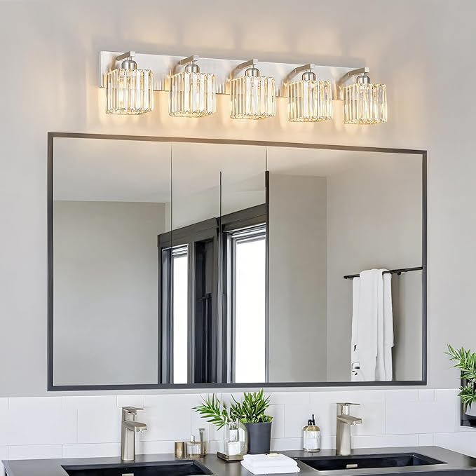 FDPBY Modern Vanity Light 5-Lights Brushed Nickel Vanity Light Crystal Bathroom