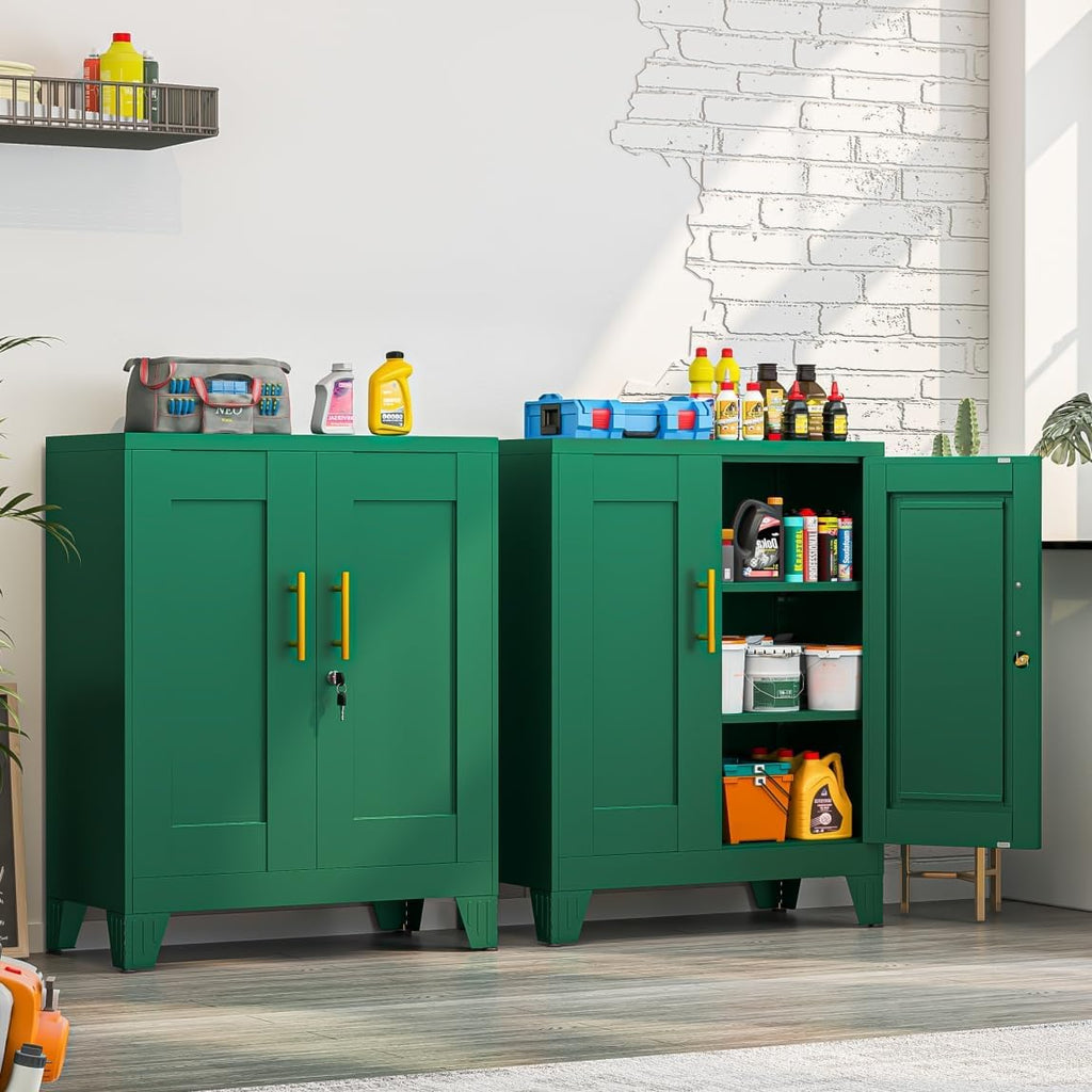 Small Metal Storage Cabinet, Lockable Tool Cabinet with Doors and 2 Shelves