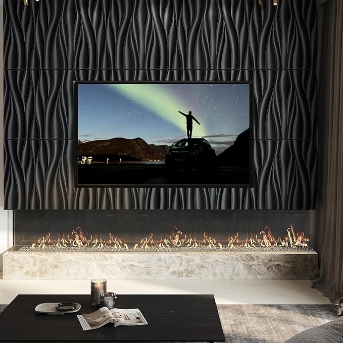 STICKGOO Black 3D Wall Panels, Wave Design Textured PVC Wall Panels,