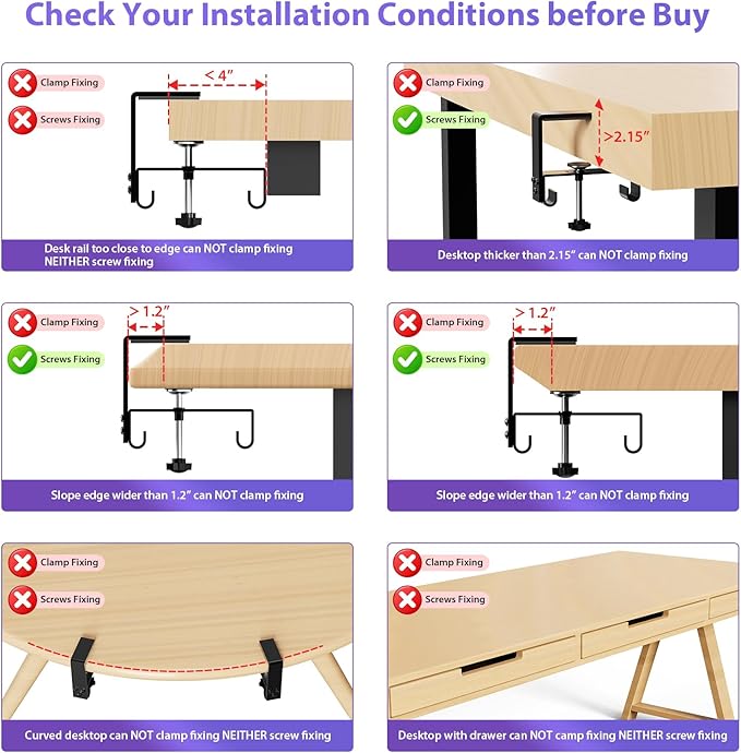 Univivi No Drill Under Desk Cable Management Tray, Clamp/Screw Mount Desk Cable