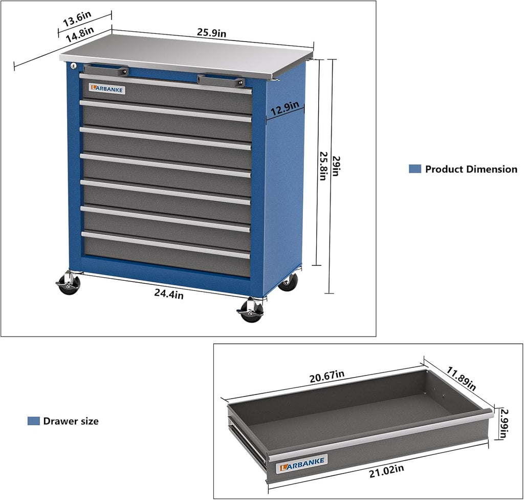 larbanke 7-drawer rolling tool chest with key locking, close-up detail