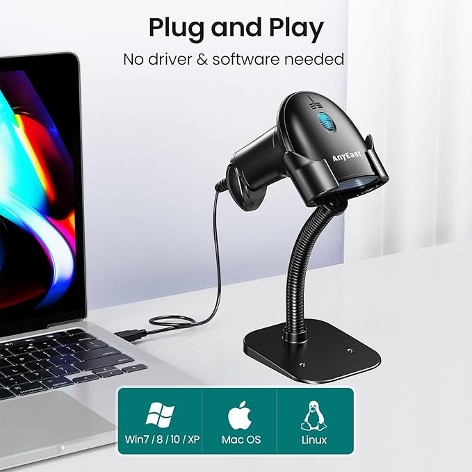 Barcode Scanner with Stand, USB Wired Inventory 2D 1D QR Code Scanner