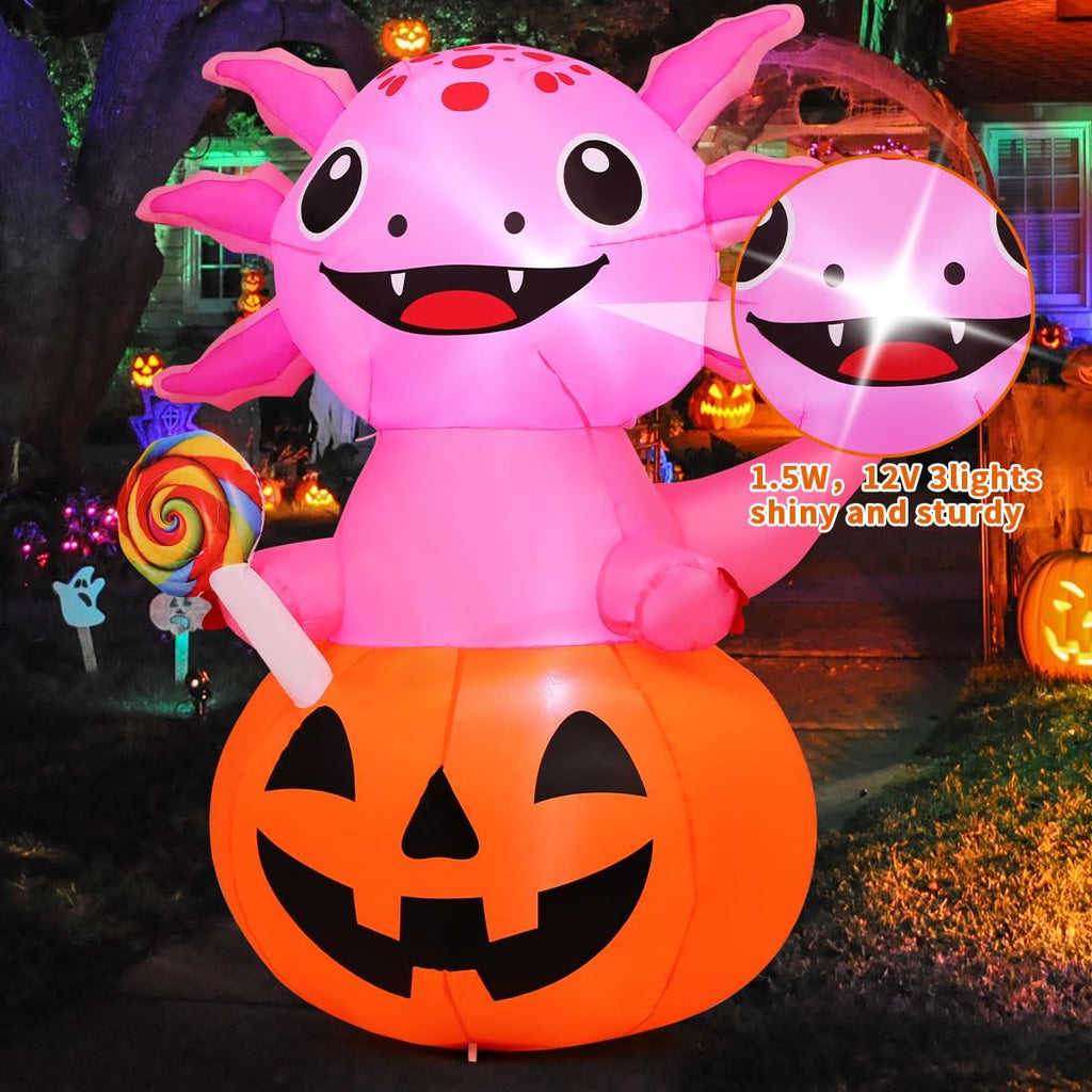 COMIN 5 FT Halloween Inflatables Axolotl Pumpkin Outdoor Decorations Blow Up Yard with Built-in LEDs for Indoor Party Garden Lawn Decor