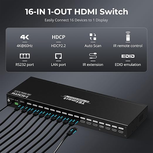 TESmart 16×1 HDMI Switch 16 in 1 Out 4K HDMI Switcher