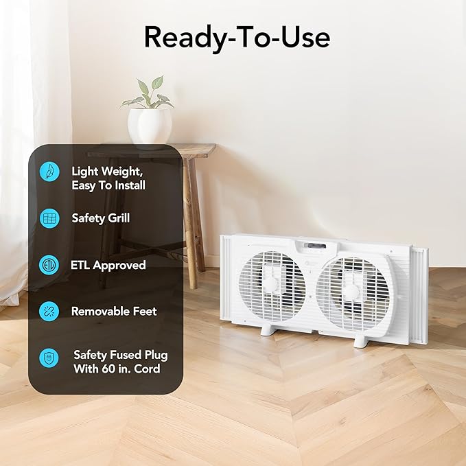 Comfort Zone Window Fan for Bedroom, 9 inch 3 Speed Dual Fans